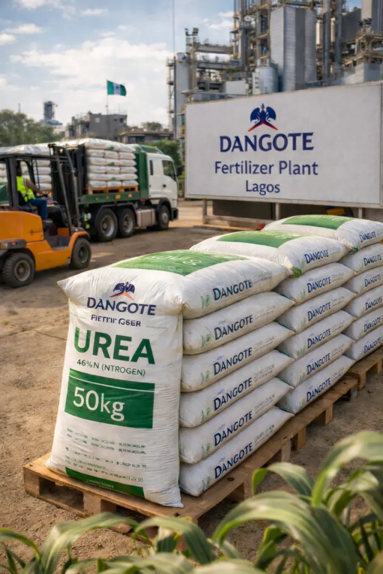 Dangote Urea 50kg fertilizer bags ready for controlled warehouse release